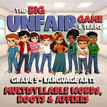 Multisyllable Words, Roots & Affixes BIG UNFAIR ELA Game - No Prep Grade 5
