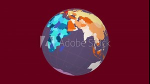 Rotating globe. Tilted sphere view. Moderate speed globe rotation. Colored countries style. World map with graticule lines on deep background. Amazing animation.