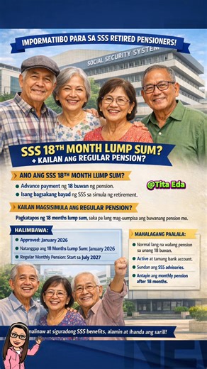 📌 SSS RETIREMENT EXPLAINED | 18TH MONTH LUMP SUM Para sa mga SSS retired pensioners at sa mga magre-retire pa lang, mahalagang malinaw ito 👇 Ang SSS 18th month lump sum ay advance payment ng pension na katumbas ng 18 buwan. Ibinibigay ito isang bagsakan sa simula ng inyong retirement. 👉 Hindi ito bonus 👉 Hindi ito dagdag pension Dahil advance na ang unang 18 buwan, hindi pa kayo makakatanggap ng buwanang pension sa panahong iyon. Ang regular monthly pension ay magsisimula lamang matapos ang 