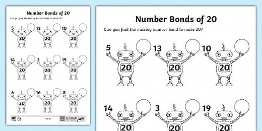 Number Bonds of 20 on Robots Activity