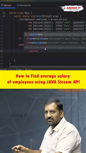 💡 Java Interview Question: 👉 How do you find the average salary of employees using the Stream API? Here’s the clean and modern approach 👇 double avgSalary = employees.stream() .mapToDouble(Employee::getSalary) .average() .orElse(0.0); 🎯 Explanation: .stream() → converts the list into a stream .mapToDouble(Employee::getSalary) → extracts salary values .average() → calculates the average of those salaries .orElse(0.0) → returns 0 if the list is empty ✅ Concise and powerful ✅ Common real-time i
