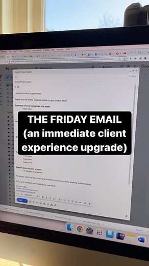 Here’s a simple upgrade to how you communicate with your design clients👇🏻👇🏻 Part of maintaining excellent client leadership is keeping your clients up to date, ideally in writing, every step of the way. A Friday email is the perfect thing for this and is a place where you can update them on: ✅ progress that week ✅ summarise any decisions you’re waiting on them for ✅ let them know about any delays or issues that occurred during the week. It’s basically a general summary of where the project i