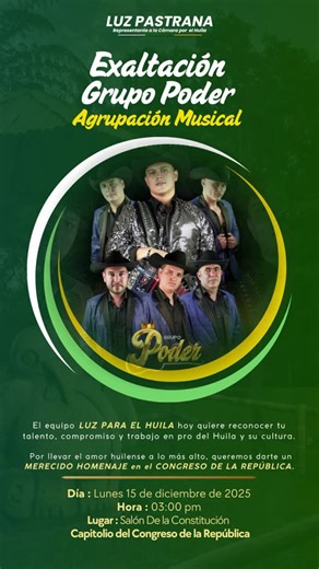 Grupo Poder on Instagram: "Agradecidos con Dios y con todas las personas que han acompañado y apoyado este Poderoso proyecto musical durante estos años. Gracias a la doctora @luzpastrana y su equipo, por este reconocimiento y por visibilizar el talento Huilense a nivel nacional. 🏅🔰 Seguiremos trabajando y dando lo mejor de nosotros, para que nuestra Poderosa música transcienda fronteras 🎤🎶🔝 #GrupoPoder #PuroPoder 🪗🔥"