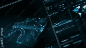 Futuristic digital interface screen. Streaming and flashing computer interface with map, satellite images and network status, levels and spectrum of signals, Extremely detailed. geopolitical situation
