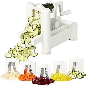 Nuvantee Spiralizer for Veggies - Zucchini Noodle Maker Slicer w/ 5 Blade Cutter Attachments - Vegetable Spiralizer for Cucumber Slicer, Curly Fries, Zoodles, Potato, Squash & Spaghetti