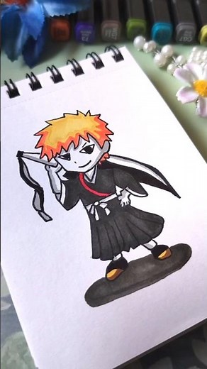 Chibi Ichigo Kurosaki Anime Drawing from Bleach 🍊🖤 Cute Soul Reaper Anime Art | Kawaii Art for kids