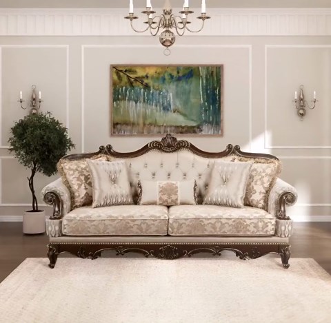 Lexicon Traditional Sofa Couch for Living Room, Rolled Arm Sofa with 5 Accent Pillows, Tufting, Queen Legs in Cherry Finish with Gold Tipping, Upholstered Living Room Furniture, 3 Seater Couch, Brown