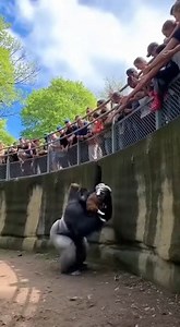 A powerful scene captured at a zoo has gone viral, showing a silverback gorilla stepping in to save a bulldog that had accidentally fallen into its enclosure. Filmed from above, the footage shows panic spreading through the crowd as the dog remains trapped below. Tension turns to disbelief when the massive gorilla gently approaches, carefully lifting the bulldog and carrying him toward the edge. The gorilla then raises the dog to a safe height, allowing people above to pull him out. In a quiet, 