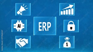 Central ERP text surrounded by icons for AI, megaphone, growth chart, lock, handshake, and money bag