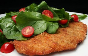 Turkey Cutlet Milanese with Arugula and Tomato Salad