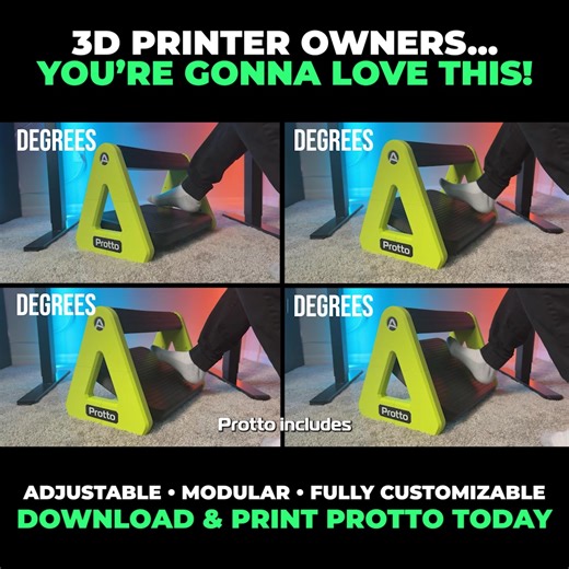 46K views · 86 reactions | If you’ve been looking for your next 3D printing project, this is it. Protto is a fully modular footrest system designed for comfort, movement, and adjustability. 4 angle settings. Multiple height options. Swap-in massage rollers. Handheld massage tool included. All 3D printable. It’s functional, fun to build, and actually useful at your desk every single day. Download Protto → Print your new footrest this weekend. | 3D Printing Builds | Facebook