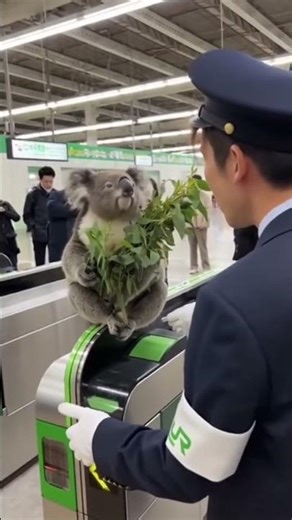 A koala eating eucalyptus at a station ticket gate gets a warning from a station employee 🐨⚠️ #ko...