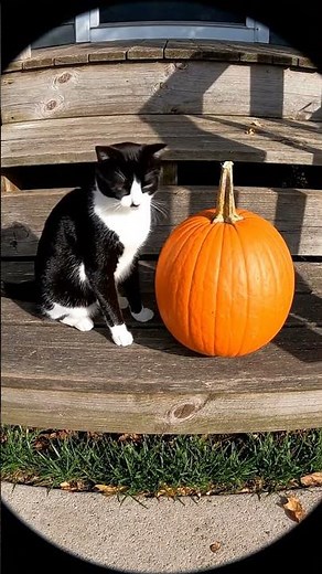 cat pushing a pumpkin off the steps