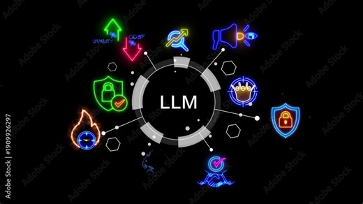 An animated brain icon with a chat symbol creates text. Represents a Large Language Model (LLM), AI chatbot, artificial intelligence, conversation and generative technology.