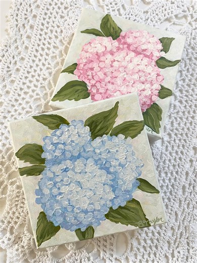 Hand Painted Hydrangea Art, Blue Pink Floral Canvas, Spring Shelf Sitter - Etsy