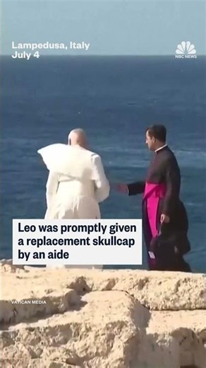 Pope Leo's skullcap was swept away by strong winds during a visit to Lampedusa