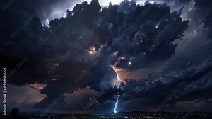 4K Looping Video: Dramatic Night Sky with Ominous Clouds and Lightning Bolt Striking Ground, Capturing Nature's Power and Darkness.