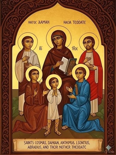 Synaxarion – Hathor 22 ✝️ Martyrdom of Saints Cosmas, Damian, their brothers Anthimus, Leontius, Euprepius, and their mother Theodoti. 📜 السنكسار – ٢٢ هاتور ✝️ استشهاد القديسين قزمان ودميان وإخوتهم أنثيموس ولاونديوس وأبرابيوس، وأمهم ثيؤدوتي 🎧 Watch the full episode soon. #Synaxarion #Hathor22 #CosmasAndDamian #UnmercenaryPhysicians #Theodoti #Martyrs #CopticChurch #CrownOfMartyrdom #السنكسار #٢٢_هاتور #قزمان_ودميان #أطباء_بلا_أجر #ثيؤدوتي #شهداء #كنيسة_قبطية #إكليل_الشهادة Follow us for more v