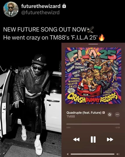 Future Hendrix Fan Page on Instagram: "NEW FUTURE SONG OUT NOW🔥 Swipe left‼️ The song is on TM88‘s new project ‘F.I.L.A 25 (Forever I Love Atlanta)‘🦅 Check out the new album from legendary producer TM88💯 Make sure to check out my Future playlists so you don’t miss anything‼️"