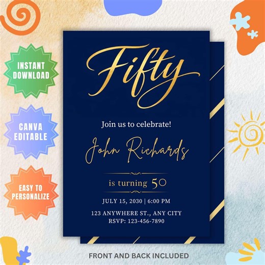 Fifty Birthday Invitation, Elegant Party Template (digital Printable Invite - Etsy