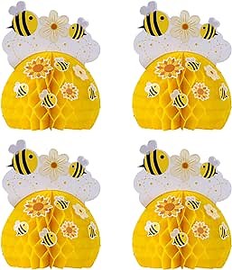 SUNBEAUTY 4PCS Honey Bee Honeycomb Centerpieces Decorations Yellow Bee Honeycomb Table Centerpieces with Sunflower Stickers for Baby Shower Birthday Gender Reveal Birthday Decoration