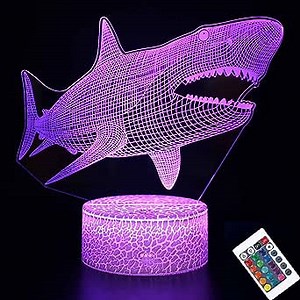 Night Light for Kids, 3D Visualization 7 Colors + 16 Colors Change Optical Illusion Led Touch Sensor Lamp Remote Control Atmosphere Lamp for Home Décor,Children Friend Gift (White Base Shark 1121)