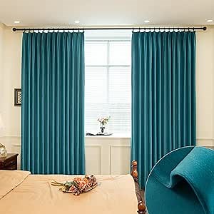 MUMFAS Velvet Pinch Pleat Solid Thermal Insulated 85% Blackout Patio Door Curtain Panel Drape for Traverse Rod and Track, Soft Velvet Pinch Pleated Curtain Teal Green 72" W x 96" L (One Panel)