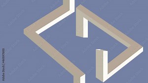 Penrose triangle graphic paradox, rotating solids at a certain angle, displays a paradoxical geometric 3D solid. Triangular arrow pointing to the right. White body on a blue background.