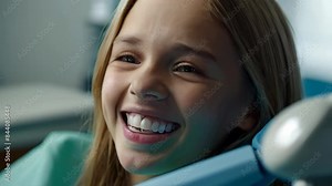Close-up of a happy girl showing her teeth while at a dental clinic, with a dentist examining her mouth