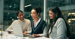 Applause, business people and group celebration on laptop for success, support or achievement at night. Team, clapping or happy women together for financial deal, win or praise for office promotion