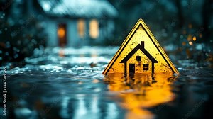 Flood alert symbol: A yellow triangle with an icon of a house submerged in water. Warning of severe weather and flood risks. Natural disaster, storm, and tsunami hazard