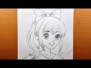 Easy drawing of an anime girl (with a bow in her hair) | Step-by-step pencil sketch | Anime drawing