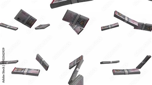 Denmark Money, Danish Krone Banknotes Falling, DKK Currency Stacks, White Background, 4K