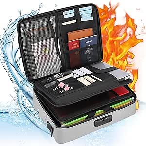 Fireproof Document Box with Lock, Large Hard Fireproof File Organizer Heat Insulated Fireproof Waterproof Box Portable Home Travel Safe Storage for Important Documents Files Laptop Passports Black
