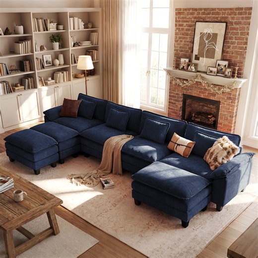 WACASA 154" Oversized Modular Sectional Sofa, Comfy U-Shaped Cloud Couch w/ 3 Movable Ottoman, 7-Seater Chenille Deep Seat Sectionals for Living Room, Blue