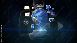 Businessman slide touch smart phone, Rotating earth, car connect IoT technology.car infortainment system. Autonomous driving tech, 4k animation. Stock Video