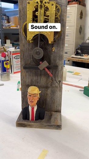 Tom Haney on Instagram: "“Whacking Time” is now available - $625. Free shipping to the USA. The piece can sit or hang on the wall, and measures 6” x 16.5” x 4”. The clockwork rings out the hours 1 - 12, and rings once on the half hour - all automatically, though this is a rough estimate. It doesn’t really keep time and I’m fine with that. The clockwork has the patent date of June 18, 1882, so it’s really old, but seems to be working great. 💪🤓⚙️ And yes, this theme is a bit of departure for me 