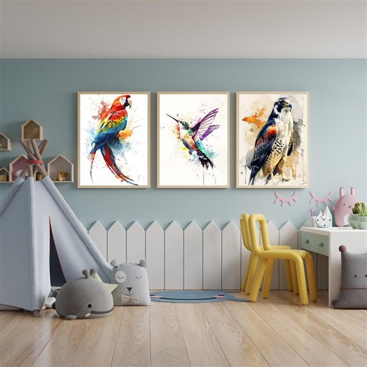 Colorful Bird Wall Art Set of 3 | Parrot Eagle Hummingbird Watercolor Prints Tropical Wildlife Decor Printable Instant Download - Etsy