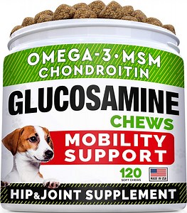 Glucosamine Treats for Dogs - Joint Supplement w/Omega-3 Fish Oil for Dogs - Chondroitin, MSM - Advanced Mobility Chews - Joint Pain Relief - Hip & Joint Care - Chicken Flavor - 120 Ct - Made in USA