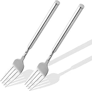 【2 PCS】Extendable Fork for Jokes, Expandable Forks, Extended/Extending/Extend Extension from 8.7" to 25.4" Long, Stainless Steel Telescopic/Telescoping/Retractable Fork. Silver