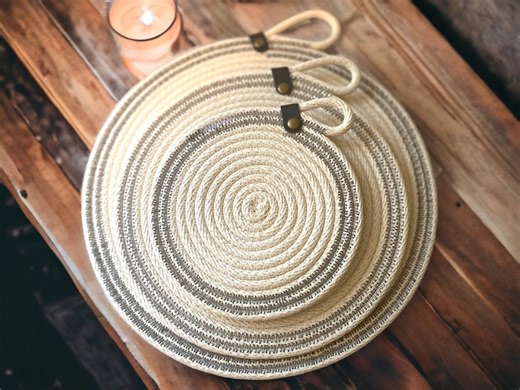 Handmade Coiled Rope Trivet Set: Natural Cotton Hot Pads, Plant Coasters - Etsy