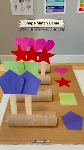 165K views · 1.2K reactions | Can your little one match the shapes? This fun DIY shape-matching game using toilet paper rolls and popsicle sticks helps build shape recognition, fine motor skills, and focus! 朗 #montessoriactivities #diyactivitiesforkids #shapeactivities #learningthroughplay #toddleractivities #preschoolactivities #kindergartenactivities | Life with Zion | Facebook