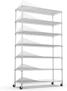 pouseayar NSF Heavy-Duty 7-Tier Metal Shelving Unit - 2450 lbs Capacity, Adjustable, with Wheels/Leveling feet & Waterproof Shelf Liners - Ideal for Garage, Kitchen, and More - Chrome