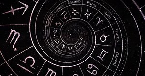 Zodiac astrology signs for horoscope, infinite zoom and tunnel effect on black and white.