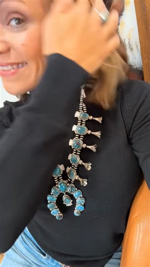 Our beautiful Katy modeling this gorgeous squash blossom, Persian Turquoise | The Fat Rabbit, a Turquoise & Silver Trading Co.