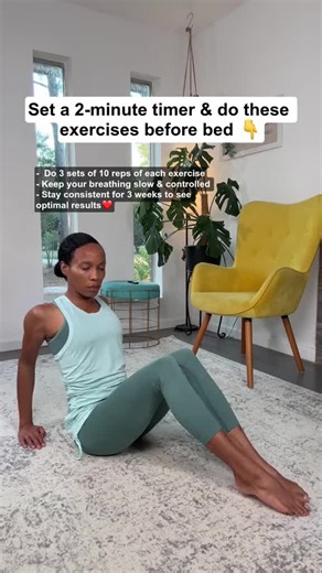Set a 2-minute timer & do these exercises before bed 💛 That’s it. Not an hour. Not a full workout. Just 2 intentional minutes. Because sometimes the most powerful thing you can do for your body… is slow down and reconnect. At the end of the day, your body has been holding you up, carrying stress, managing movement, and doing so much for everyone else. This is your moment to give a little support back. These simple exercises help: • reconnect your breath to your deep core • gently support your s