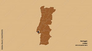 Guarda, district of Portugal, with its capital, localized, outlined and zoomed with informative overlays on a solid patterned map in the Stereographic projection. Animation 3D