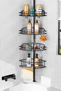 HAMITOR Shower Caddy Tension Pole: 4-Tier Rustproof Bathroom Corner Shelf Organizer for Renters - No Drill Large Shampoo Storage Rack - Adjustable 47-121 Inch - Space Saving Bathtub Accessory - Black