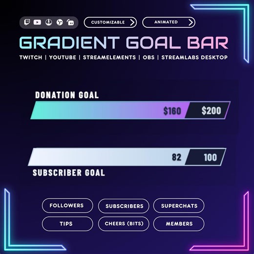 Twitch Goal Bar Widget for StreamElements OBS | Animated Stream Goal Overlay for Followers Subs Tips Bits | Customizable YouTube Stream Bar