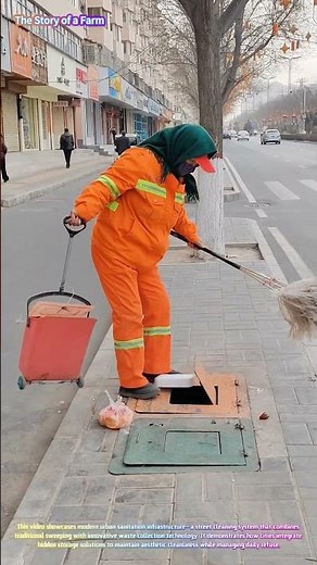 Efficient Street Cleaning: A Sanitation Worker Sweeps Urban Debris into Underground Bins! 🧹🏙️